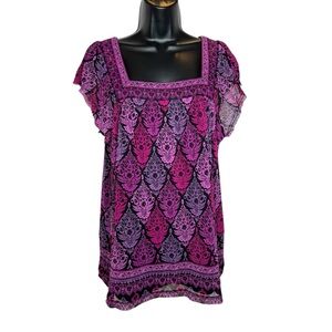 Apt. 9 Pink, Purple, and Black Ruffled Short Sleeve Blouse.